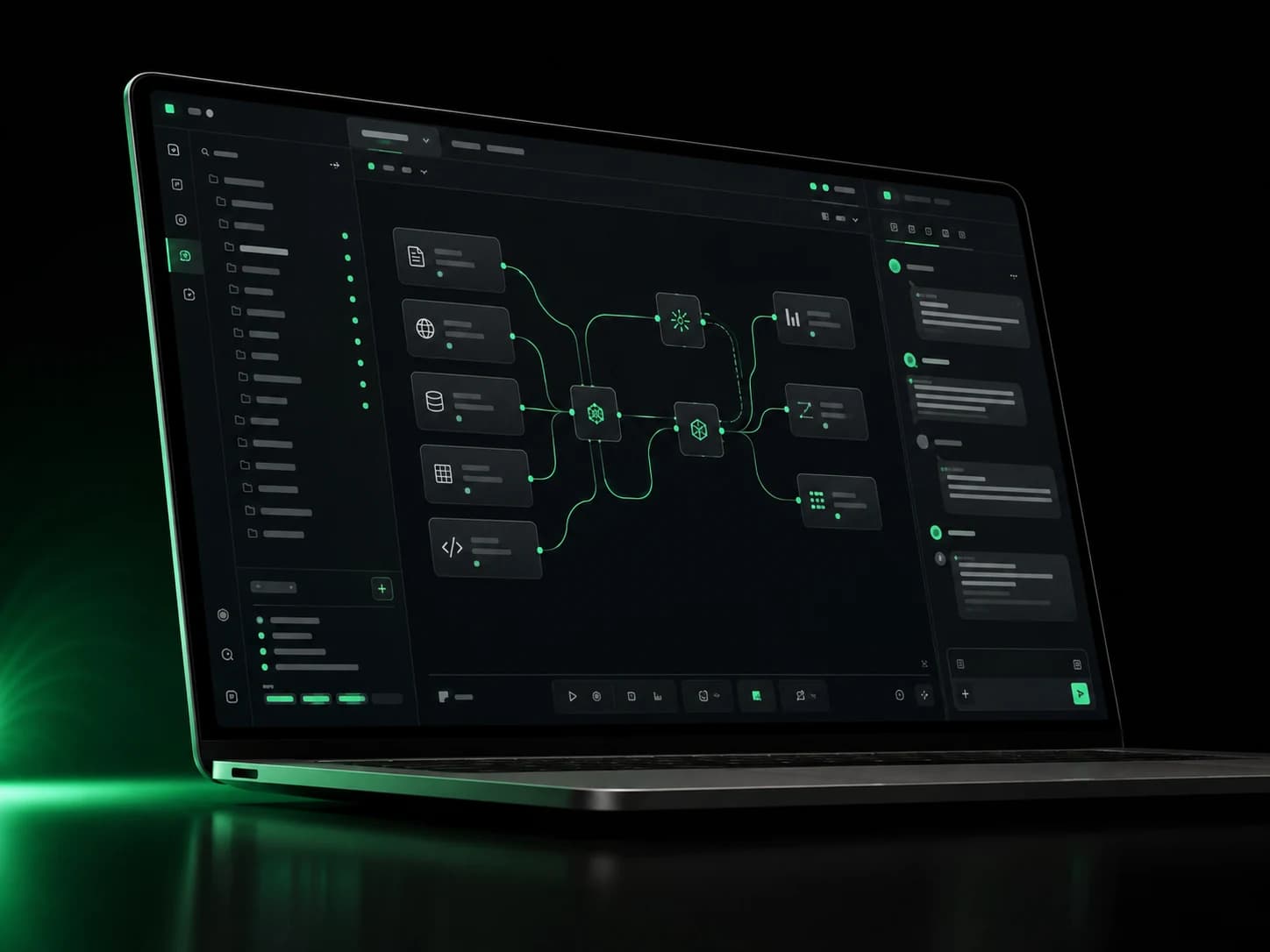 The Latticefield desktop workspace: a project sidebar, a node graph of sources and agents, and an agent thread panel.