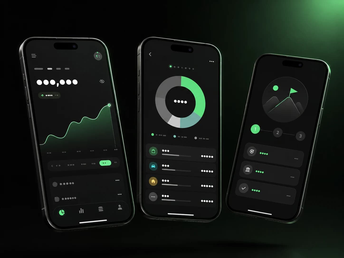 Three phone screens from the Northstar Labs financial planning app: a net-worth dashboard, a spending breakdown, and an onboarding step.